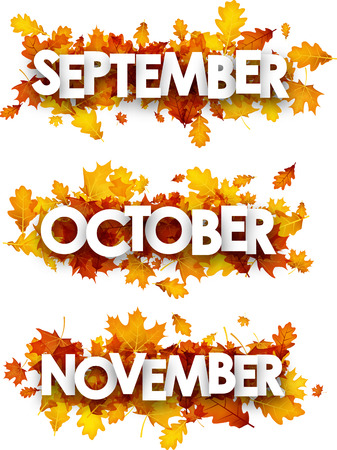 September, October, November banners with maple and oak leaves. Vector paper illustration.のイラスト素材