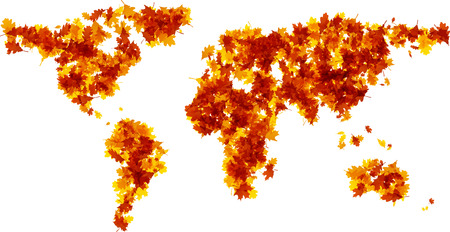 Autumn world map silhouette from golden leaves.のイラスト素材