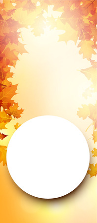 Round shining autumn card with golden maple and oak leaves. Vector illustration.のイラスト素材