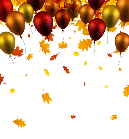 Festive autumn background with golden leaves and balloons. Vector illustration.のイラスト素材