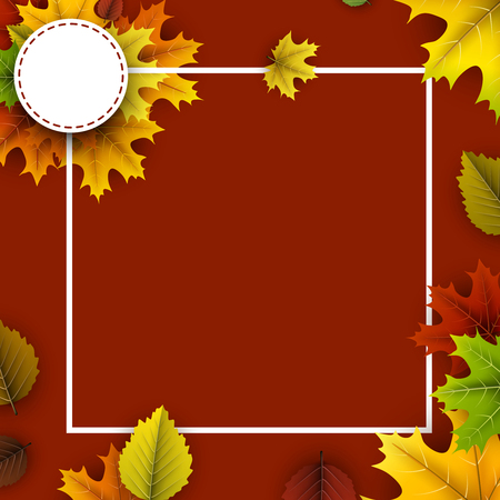 Ocher autumn background with colorful maple and birch leaves. Vector illustration.のイラスト素材