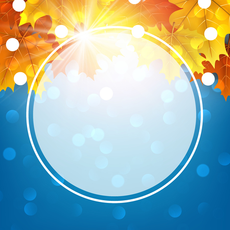 Blue shining round autumn background with golden maple leaves. Vector illustration.のイラスト素材