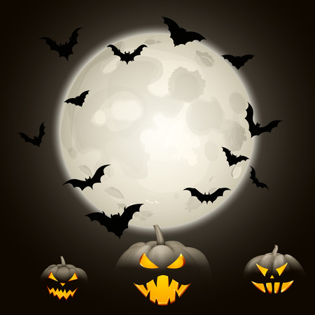 Grey halloween background with black bats, pumpkins and moon Vector illustration.のイラスト素材