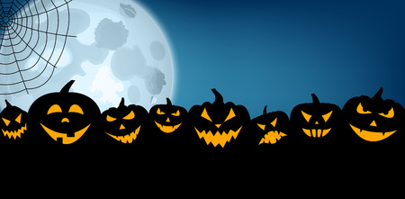 Blue halloween banner with black pumpkin faces and moon Vector illustration.のイラスト素材