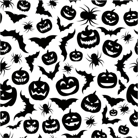 White halloween pattern with black pumpkins, bats and spiders Vector illustration.のイラスト素材