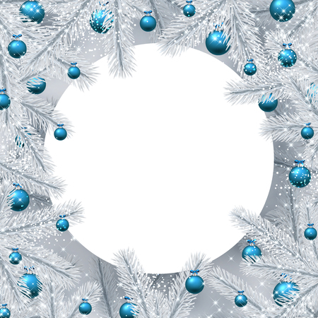 New Year round background with white spruce branches and Christmas balls. Vector illustration.のイラスト素材