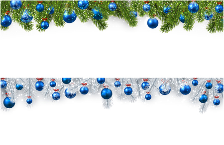 New Year banners with spruce branches and blue Christmas balls. Vector illustration.のイラスト素材
