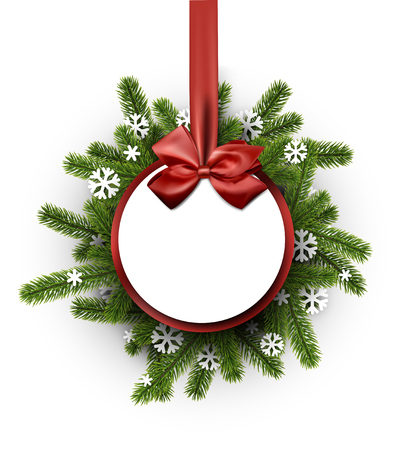 New Year background with spruce branches and red satin bow. Vector illustration.のイラスト素材