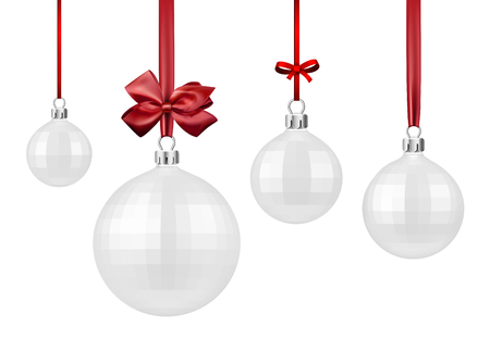 White round isolated Christmas balls with red satin bow. Vector illustration.のイラスト素材