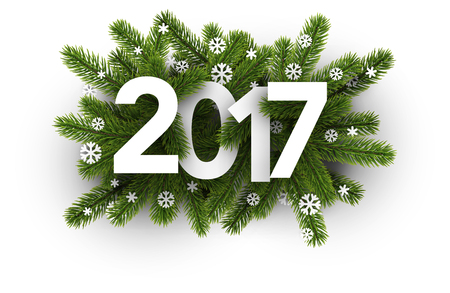White 2017 decor with spruce branches and snowflakes.のイラスト素材