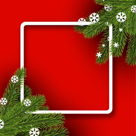 Red square winter background with spruce branches and snowflakes.のイラスト素材