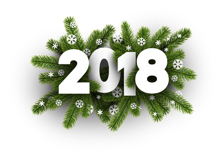 White winter 2018 card with spruce branches and snowflakes. Vector illustration.のイラスト素材