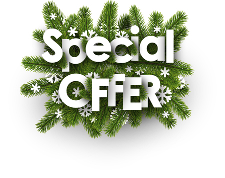 Winter special offer background with spruce branches and snowflakes. Vector illustration.のイラスト素材