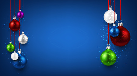 Blue New Year background with colorful Christmas balls. Vector illustration.のイラスト素材