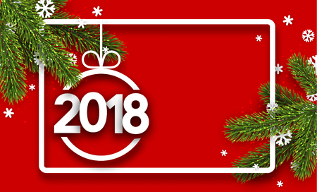 Red 2018 New Year background with fir branches. Vector illustration.のイラスト素材