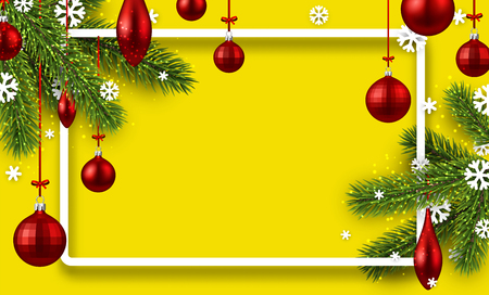 New Year background with spruce branches and Christmas balls. Vector illustration.のイラスト素材