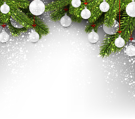 New Year background with spruce branches, Christmas balls and snow. Vector illustration.のイラスト素材