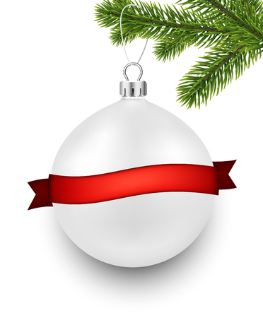 Holiday design with fir branch and white Christmas ball Vector illustration.のイラスト素材