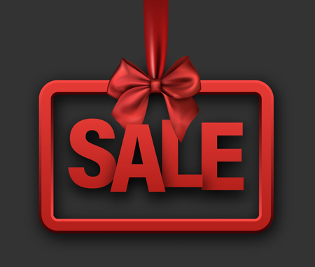 Red 3d rectangular sale sign with satin bow. Vector illustration.のイラスト素材