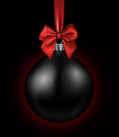 Black card with Christmas ball and red satin bow. Vector illustration.のイラスト素材