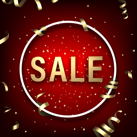 Red round sale background with gold serpentine and stars. Vector illustration.のイラスト素材