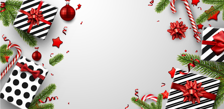 White Christmas background with fir branches, gifts and candy. Vector top view illustration.のイラスト素材