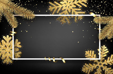 Grey rectangular Christmas background with golden fir branches and snowflakes. Vector illustration.
のイラスト素材