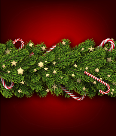 Red Christmas background with fir branch, gold stars and candy. Vector illustration.のイラスト素材