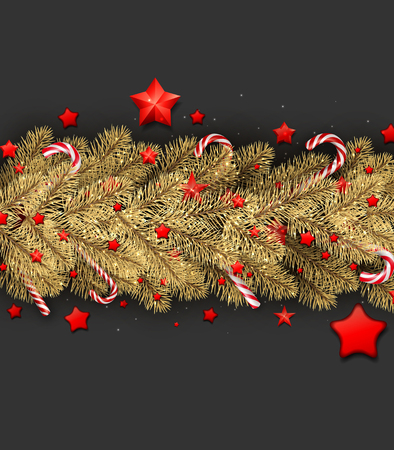 Grey Christmas background with fir branch, red stars and candy. Vector illustration.のイラスト素材