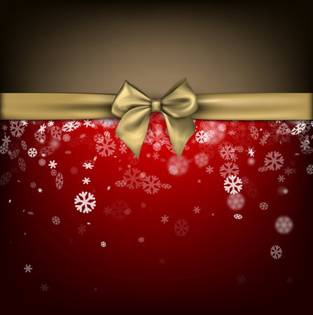 Red holiday winter background with snowflakes and golden satin bow. Vector illustration.のイラスト素材