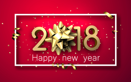 Pink 2018 new year background with golden bow and serpentine. Vector illustration.のイラスト素材