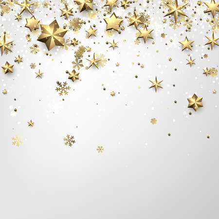 Winter holiday background with golden stars and snowflakes. Christmas decoration. Vector illustration.
のイラスト素材