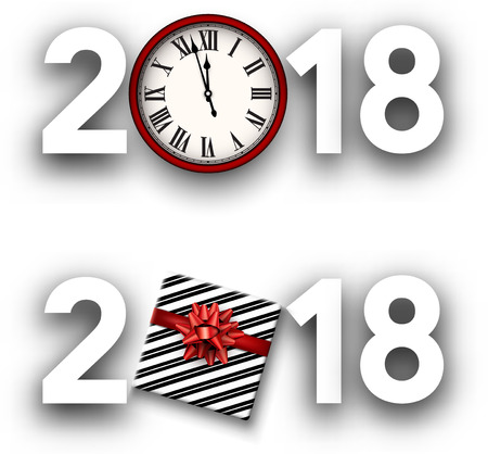 White 2018 new year signs with red clock and gift box. Vector illustration.のイラスト素材