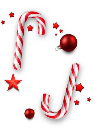 Christmas card with candy canes, red christmas balls, and stars vector illustration.のイラスト素材