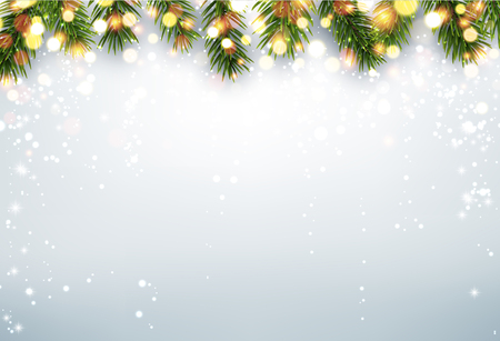 Shining winter background with fir branches and snow. Vector Christmas illustration.のイラスト素材