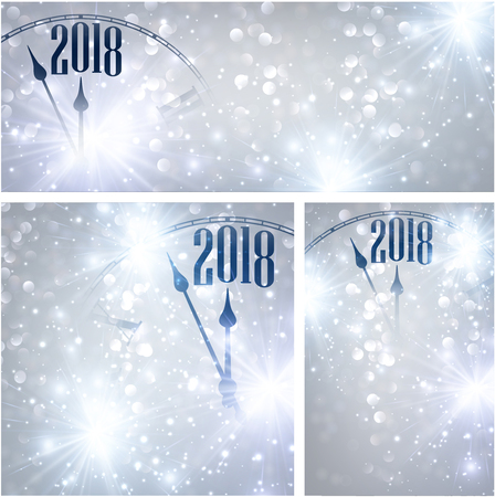 Silver 2018 New Year shining backgrounds set with clock. Vector Christmas illustration.
のイラスト素材