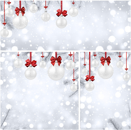 Shiny New Year backgrounds set with fir branches and white Christmas balls.のイラスト素材