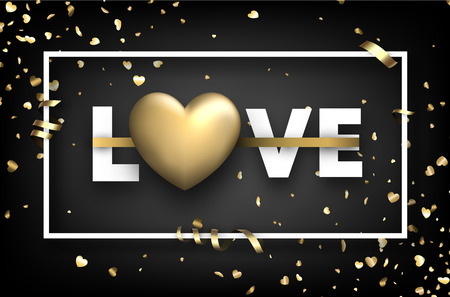 Black love valentine's card with golden hearts, confetti and serpentine. Vector 3d illustration.のイラスト素材
