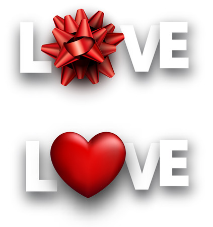 White love valentine's signs with red heart and bow. Vector 3d illustration.のイラスト素材
