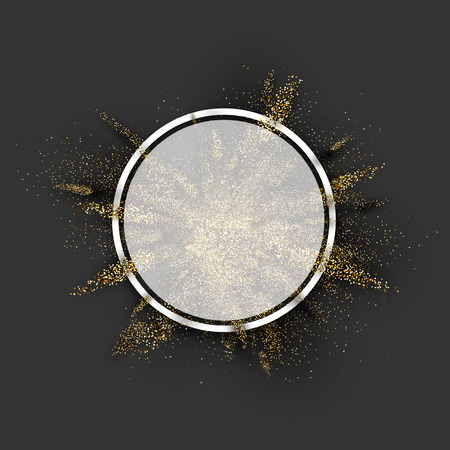 Round card with golden glitter explosion on grey background. Vector illustration.のイラスト素材