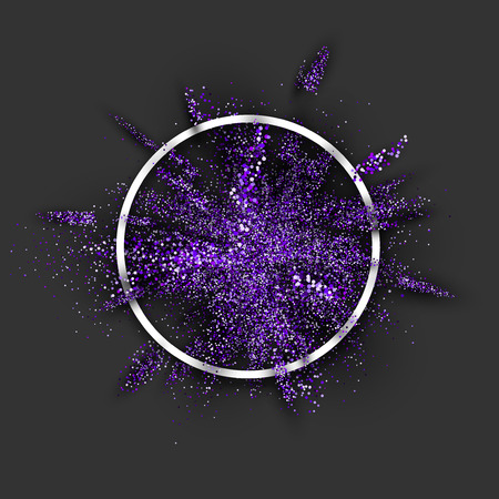 Purple glitter explosion in white round frame on grey background. Vector illustration.のイラスト素材