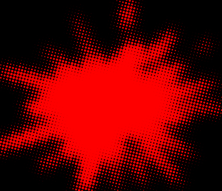 Bright abstract red dotted explosion on black background. Halftone effect. Vector illustration.のイラスト素材