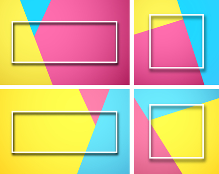Set of bright colour geometric backgrounds with white frame. Vector paper illustration.のイラスト素材