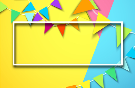 Festive background with white rectangular frame and garlands of colour flags. Vector illustration.のイラスト素材