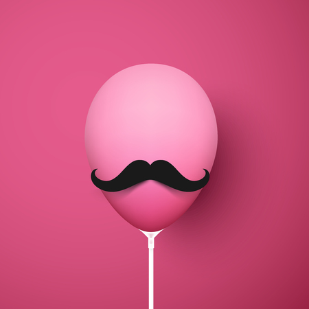 Pink background with funny realistic 3d balloon with mustache. Vector illustration.のイラスト素材