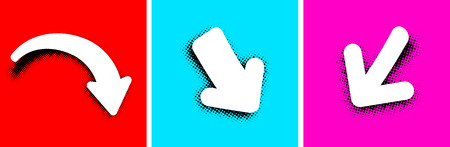 White pop art retro arrow signs on colored background. Vector illustration.