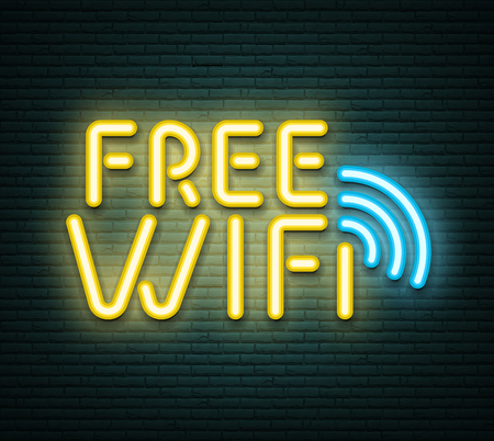 Free wifi neon luminous signboard on grey realistic bricklaying wall. Textured background. Vector illustration.のイラスト素材