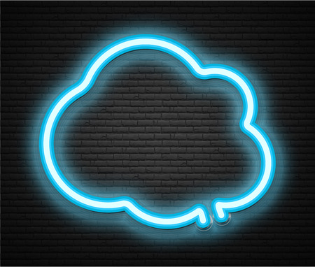Blue neon luminous cloud shape signboard on grey realistic bricklaying wall. Textured background. Vector illustration.のイラスト素材
