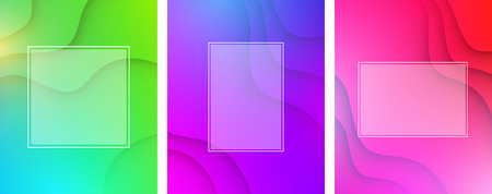 Green, purple and pink abstract wavy backgrounds with white frame. Vector illustration.