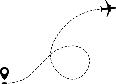 Black flying plane and mark of geolocation on white background. Splash screen for mobile application. Tourist service. Holidays and vacations. Booking and sale of air tickets. On-line tracking. Vector illustration.のイラスト素材